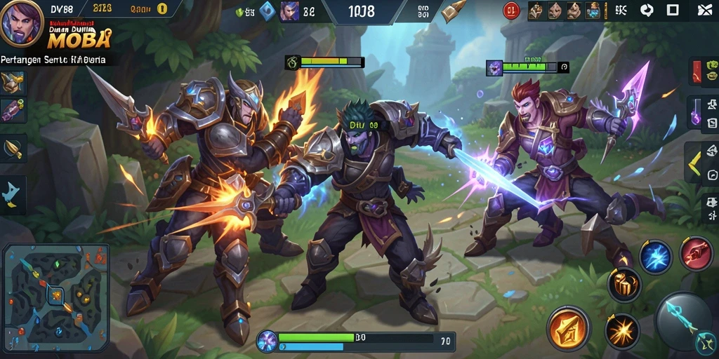 Screenshot gameplay DV188 menampilkan aksi seru antar hero dalam pertarungan MOBA.