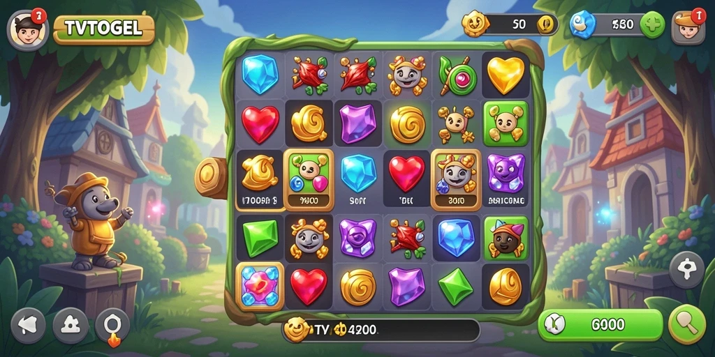 Menampilkan gameplay seru TVTOGEL dalam gaya Match-3.